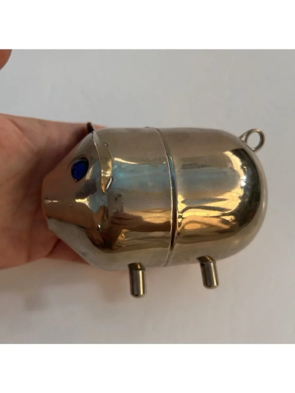 Vintage Silverplated Metal Piggy Bank w/ Blue Rhinestone Crystal Eyes Hong Kong